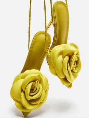 Yellow Floral Satin Slingback Flats